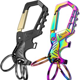 Kivssi Heavy duty metal keychains, Carabiner clip Car key chains,Fashion family keychain bottle opener and 3 Key Rings suitable for men and women.(Gold+Multicolor)