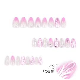 3D Handmade Press on Nails with Charms Medium Almond Fake Nails Cute French Nails Press ons Shell Pearl Design Reusable Acrylic Fake Nails False Nails for Women Girls 24 Pcs (Pink-5, M-5)