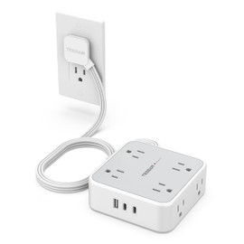 Surge Protector Power Strip, TESSAN Flat Plug Extension Cord with Multiple Outlets, 8 AC Outlets, 3 USB Ports(2 USB C), 5 Ft, 900 Joules Protection, 3-Sided Charging Station for Home Office Dorm Room