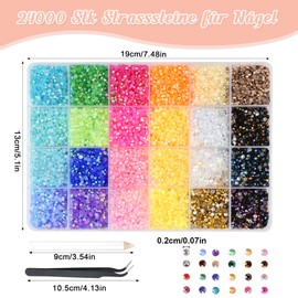 Hopton 24000 Pieces Rhinestone Nails, 24 Colours Glitter Stones for Crafts, Round Glitter Gemstones Rhinestones with Tweezers and Wax Pen, Rhinestones Set for DIY Nails Crafts