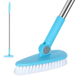 cepillo para polvo de limpieza de piso para baño, tina, ducha, lechada, giratorio, 6.3 pulgadas de ancho, 35.4 pulgadas de largo, mango de interior para cocina, escoba para zonas de difícil acceso, color azul claro