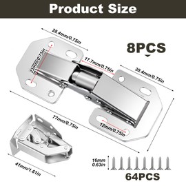 8 Sets Kitchen Cabinet Hinges with Screws 77 x 33mm Sprung Cupboard Door Wardrobe Free Hole 90 Degree Soft Close Hinges for Bedroom Kitchen Bathroom Dining Room