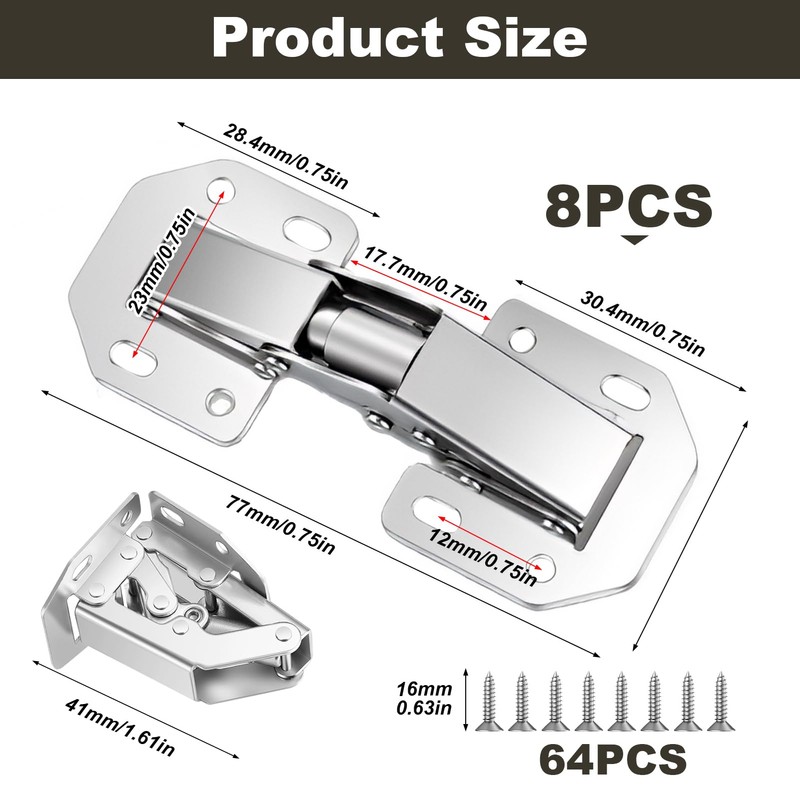 8 Sets Kitchen Cabinet Hinges with Screws 77 x 33mm