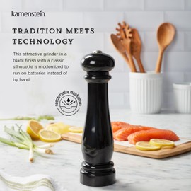 Kamenstein Traditional Glossy Battery Operated Grinder for Salt or Peppercorns, Easy to Use with One Handed Push of a Button, Runs on Batteries, batteries not Included, 10in, Black