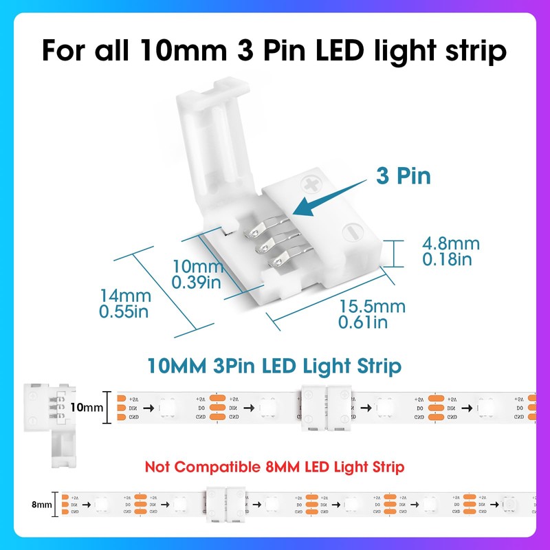 WENHSIN 10-Packs 3-Pin LED Connectors for LED Strip Lights 10MM