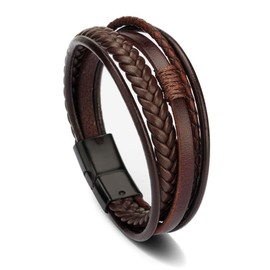 Arcutina Men's Black Leather Multi-Strand Bracelet Casual Brown Braided Bracelet (Brown with Black clasp, Length 9'')