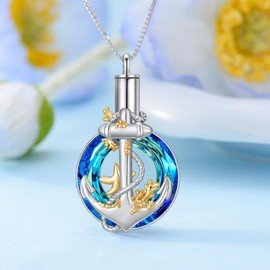 PROESS Sterling Silver Crystal Anchor Cremation Necklace - Nautical Anchor Ashes Pendant Memorial Jewelry Gifts for Women & Men