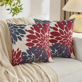 Cushion Cover 45 x 45 cm Boho Decorative Cushion Red and Grey Dahlia Spring Summer Linen Decorative Cushion Sofa Cushion Decorative for Sofa Garden Living Room Bedroom Patio Set of 2