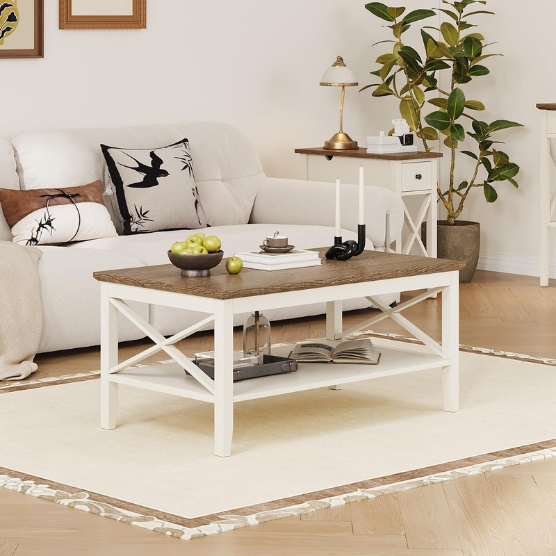 ChooChoo Farmhouse Coffee Table, Wooden Coffee Tables with Thicker Legs,