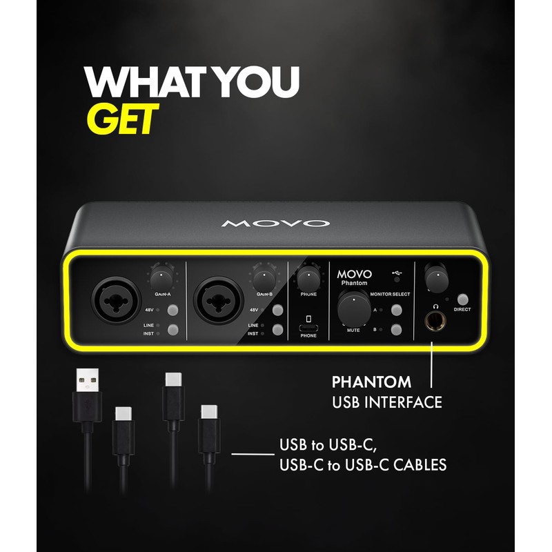 Movo Phantom Dual Channel USB/USB-C Audio Interface for Recording, Songwriting,