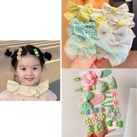 Little Girl Hair Ties Hair Barrettes Set of 22, Hair Bows, Floral Ponytail Holder Hair Ropes, Sweet Flower Alligator Clips, Cute Bow Hair Clips, Hair Accessories for Girl Toddler Kids (Green)