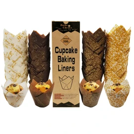 Nordic Paper 200pcs Tulip Cupcake Liners for baking cups with four fancy designs EU Parchment paper Standard Size Tulip Muffin liners, Cupcake Wrappers for Party, Wedding, Birthday