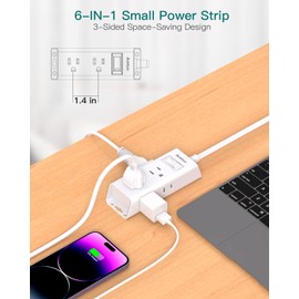 Flat Extension Cord - Addtam 5 ft Ultra Flat Plug Power Strip with 6 Outlets Extender, No Surge Protector for Cruise Ship, Travel, Dorm Room Essentials(2 Pack)