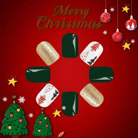 Christmas Tree Press on Nails Christmas Stars Short Square False Nails glossy Gold Glitter Line Fake Nails Gel Glue on Nails Christmas Tree Stick on Nail for New Years Gifts DIY 24 Pcs Merry Christmas