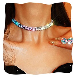 JEAIRTS Colorful Rhinestone Jewelry Set Silver Crystal Choker Necklace Earring Sets Sparkly Rave Prom Jewelry for Women