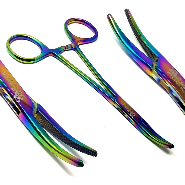 Hemostat Locking Forceps 5" Curved with Full Serrated Jaws Ideal for Clamping, Fishing, Firefighters Nurses Doctors + More (Rainbow)