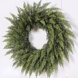 24" Real Touch Artificial Cedar Wreath - Faux Christmas Wreaths for Front Door,Faux Pine Green Wreath for Home, Holiday, Fireplace, Mantle,Wall, Windows, Xmas, Outdoor Decoration