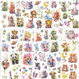 Qpout 18 Sheets Glitter Animal Temporary Tattoos for Kids,Jungle Animal Fake Tattoos,Cute Watercolors Tiger Dragon Cat Safari Tattoos for Animal Birthday Party Favors Supplies Decorations