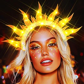 JEAIRTS Light Up Fire Headband Glowing Sun Goddess Headwear Led Flame Party Rave Hair Accessories for Women