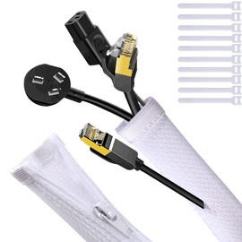 UPXDUMI Cable Tidy Zip Sleeve for PC/TV, 20mm - 1.2m Desk Cable Management Organisers, Wire Tidy Loom Tube Cord Wrap Protector with 10 PCS Reusable Cable Ties for Home, Office, 50+70cm, White