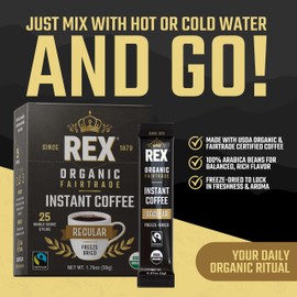 Rex Coffee Organic Fairtrade Freeze-Dried Instant Coffee Sticks, Medium Roast Arabica, 25 Single-Serve Packs, Lab Tested for Mold, Mycotoxins, Heavy Metals, & Acrylamide