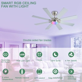 KNUN 48 Inch Ceiling Fans with Lights and Remote/APP Control, Low Profile Ceiling Fan, 8 Blades，RGB/LED Dimmable, Reversible DC Motor, Noiseless Nickel Ceiling Fans for Bedroom Indoor/Outdoor Use
