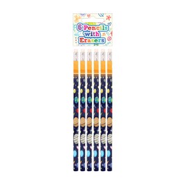 HENBRANDT Single Pack Children’s Space Pencils with Erasers Kids Stationery Eraser Tip HB Pencils School Classroom Gift Birthday Xmas Party Favour Loot Bag Filler for Boys and Girls