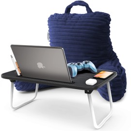 Nestl Reading Pillow with Portable Lap Desk Stand for Laptop 19x11”, Cut Plush Striped Back Pillow, Back Support Pillow, Shredded Memory Foam Bed Rest Pillow with Arms for Kids & Teens, Small - Navy