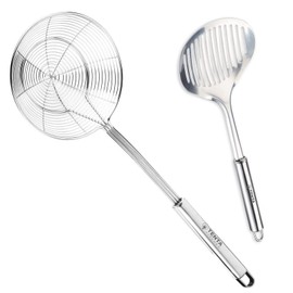 TENTA Kitchen Multi Kitchen Utensil Stainless Steel Cooking Skimmer Slotted Fish Turner Spatula Spoon Colander Drain Water Filter Spoon Ladle Spider Strainer Skimmer Ladle for Cooking &Frying (2pcs)