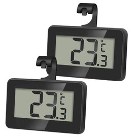 AiQInu Pack of 2 Mini Thermometer Fridge Digital, Magnetic Fridge Thermometer with Hooks, Freezer Thermometer LCD Display Reading, Thermometer with Frost Alarm for Home, Black