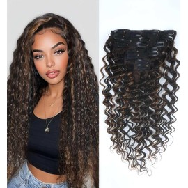 Sexycat Deep Curly Hair Extensions Clip in 20 Inch 8Pcs 120g Clip in Hair Extensions Real Human Hair, #T2/P6 Ombre Brown Water Wave Double Weft Hairpieces for Women