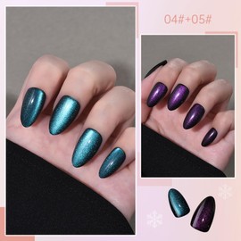 Cat Eye Press on Nails Short Almond, Sapphire Blue & Dark Purple Press on Nails Almond, Fashion Gel Fake Nails, Reusable Acrylic Fake Nails, Glossy Stick on Nails for Women, Glue on Nails Kit.
