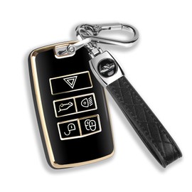 QBUC for Land Rover Key Fob Cover with KeyChain Soft TPU Gold Trim Key Case Full Protection Compatible with 2018-2026 Land Rover Range Rover Evoque Sport Vogue Discovery 5 Jaguar E I-PACE (Black)