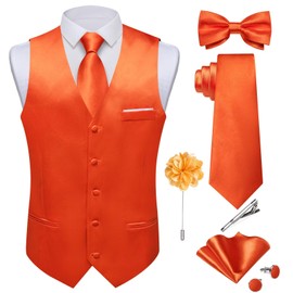 DiBanGu Mens Satin Suit Vest and Tie Set 8PCS Solid Waistcoat and Bowtie with Lapel Pin for Tuxedo Dress Vest Wedding Formal, Burnt Orange, Large