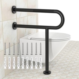 Toilet Support Rail 23.4X 28 Inch, Munzong Anti-Slip Black Handicap Grab Bar for Bathroom, Stainless Steel Knurled Safety handrails with Leg for Elderly Disabled Pregnant-1.25’Tube