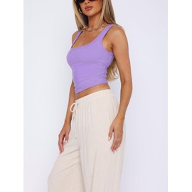 ForeFair Women's Sleeveless Square Neck Tank Top Double Layer Basic Crop Tops Summer Fitness Workout Casual Tops(M,Light Purple)