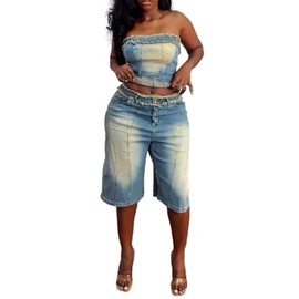 Molilove Women's Vintage Two Piece Denim Outfits Sleeveless Tube Top and Short Pants Y2K Jeans Set Summer Tracksuits