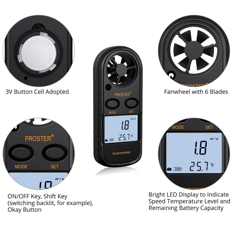 Proster Anemometer Digital LCD Wind Speed Meter Gauge Air Flow