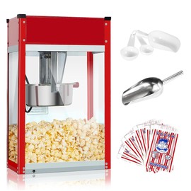 Brevix Popcorn Machine - Electric Popcorn Popper | Stainless Steel Kettle With Scoops, Bags & Cups | Countertop Machine, Theater Style | Ready in 5 Minutes | 750 W | Red, 8 oz (32 Cup Capacity)