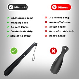 Nextnoid Shoe Horn Long Handle for Seniors - 16.5" Straight & Sturdy Long Shoe Horn for Men, Women & Kids - Black