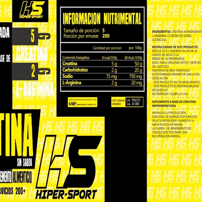 Creatina Monohidratada 1kg 200 Servicios Hiper Sport Bote