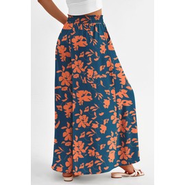 PRETTYGARDEN Women's 2025 Summer Wide Leg Palazzo Pants High Waisted Flowy Pockets Trendy Casual Lounge Boho Beach Trousers (Print Dark Blue Orange,X-Large)