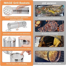 Baoyemes Set of 2 Rolling Grill Racks, Cylindrical Stainless Steel Grill Basket, Cylindrical Sturdy BBQ Cooking Accessories for Multipurpose Outdoor Barbecue, Camping, Dining