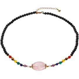 Wizock Reiki Black Agate Beaded Necklace Rose Quartz Adjustable Choker 7 Chakra Necklaces for Women Yoga Meditation Jewelry Good Luck Love Gifts