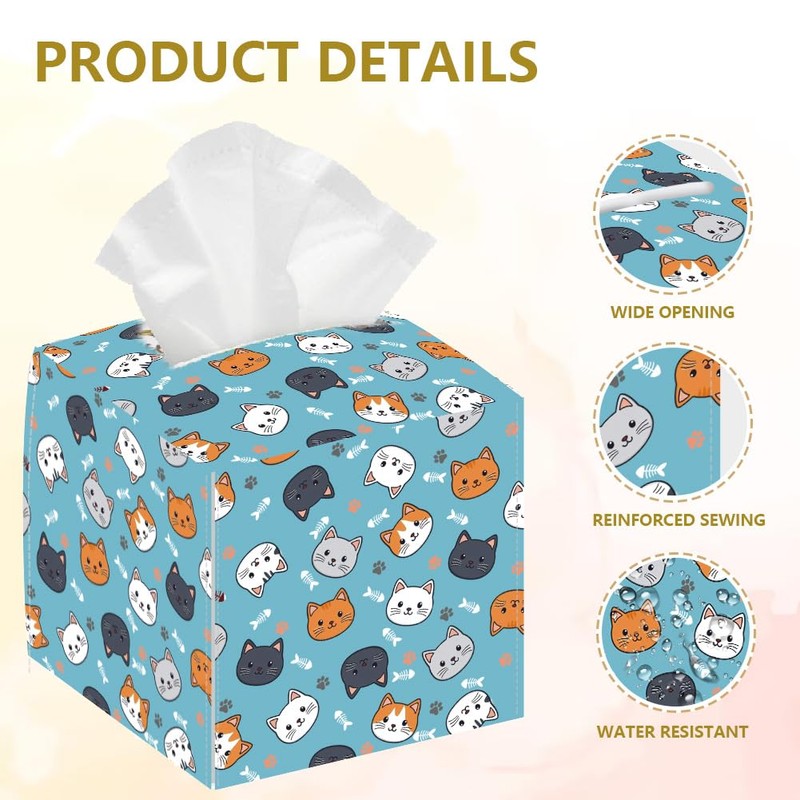 DELORIGIN Cat Face Tissue Box Holder, Square Tissue Box Cover