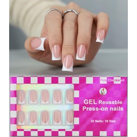 Anyos 16 Sizes French Tip Short Duck Press on Nails,Soft Gel Fake Nails Glossy 32pcs with Nail Glue (Classic French)