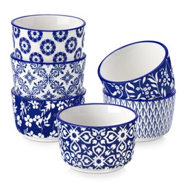 vancasso Selene 4 oz Mini Ceramic Ramekins Set of 6, Oven-Safe Baking Cups for Crème Brûlée, Soufflés, Desserts, Handcrafted Blue and White Patterns