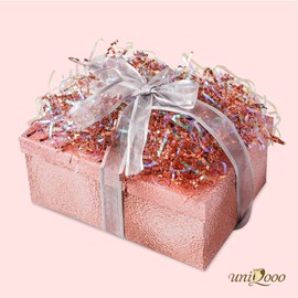 UNIQOOO 1LB Metallic Iridescent Rose Gold Crinkle Cut Paper Shredded Filler, Rosy Pink Gold Grass Raffia Tissue, Strands Shred Craft Bedding Cushion Paper, For Christmas Thanksgiving Holiday Gifts Wedding Birthday Bridesmaid Engagement Gift Boxes Bags Re