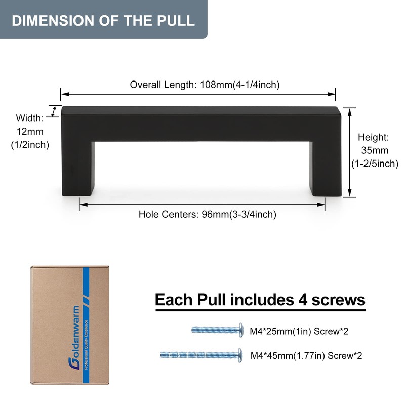 goldenwarm 6 Pack | 3.75" Cabinet Handle Black Drawer Pull