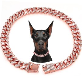 Dog Chain Collar,BOZILY Diamond Cuban Collar Walking Metal Chain Collar with Design Secure Buckle,Pet Cuban Link Dog Collar Jewelry Accessories for Small Medium Large Dogs Cats (8in, Rose Gold)